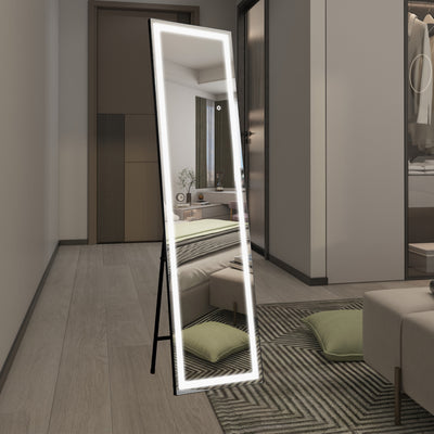 SUMERAIN helkroppsspegel med LED-lampor, belyst golvspegel med dimmer och 3-färgsbelysning, stativ för sovrum, omklädningsrum, svart ram, splitterfritt härdat glas, 60"x16"