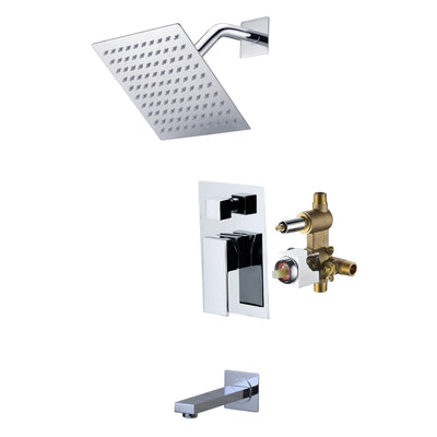 SUMERAIN Modern väggmonterad badkar- och duschblandare med 8-tums fyrkantig regndusch, badkar- och duschblandare med ett handtag och tryckbalansventilsystem, krom
