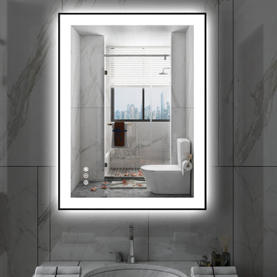 Sumerain 28"x36" smart imfri LED badrumsspegel med belysning, svart ramad badrumsspegel för vägg med frontljus och bakbelysning, 3 färgtemperaturer, steglöst dimbar