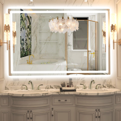 SUMERAIN modern LED-badrumsspegel för vägg, 55 x 36 tum härdat glas smart belyst badrumsspegel med dimfri funktion, dimbar ljusstyrka, 3 färgtemperaturer, ljusstark LED-sminkspegel