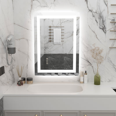 SUMERAIN 20 x 28 tum LED-badrumsspegel med belysning, bakgrundsbelyst + frontbelyst dimbar smart badrumsspegel för vägg, imfri, 3 färgtemperaturer, minnesfunktion, härdat glas