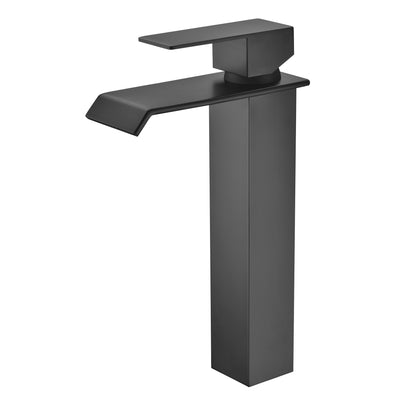 Enhandtags vattenfallsblandare i matt svart för badrum, enhåls modern design för tvättställsblandare